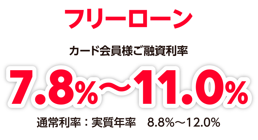 実質年率　7.8％～11.0％（会員利率）通常利率：実質年率：8.8％〜12.0％