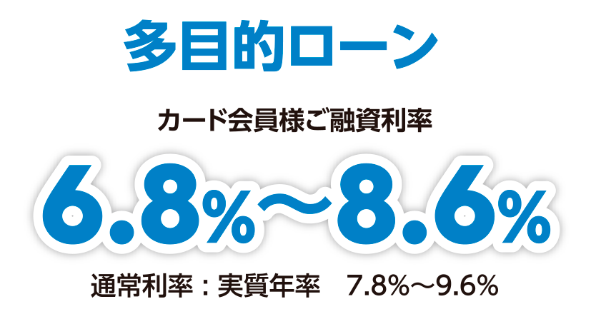 実質年率　7.8％～11.0％（会員利率）通常利率：実質年率：8.8％〜12.0％