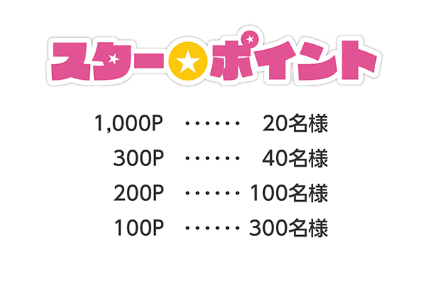 スター★ポイント 1,000P…20名様、300P…40名様、200P…100名様、100P…300名様