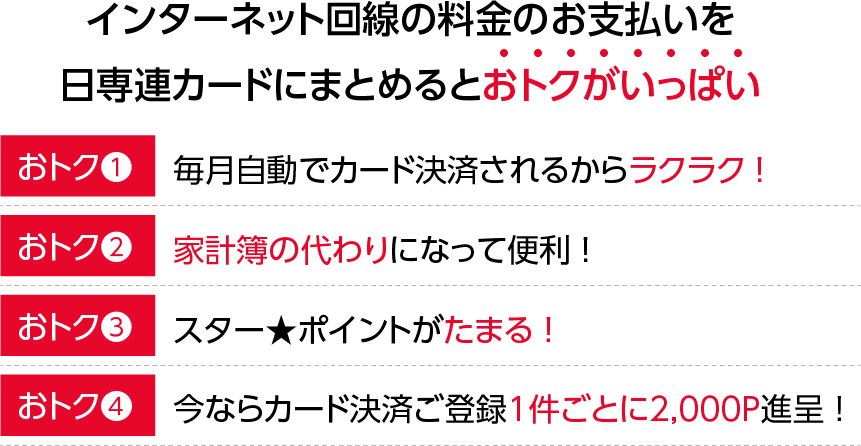 インターネット回線の料金のお支払を日専連カードにまとめるとおトクがいっぱい！【おトク1】自動引き落としだからお支払いラクラク！【おトク2】家計簿の代わりになって便利！【おトク3】スター★ポイントがたまる！【おトク4】登録するとスター★ポイント2,000P進呈！