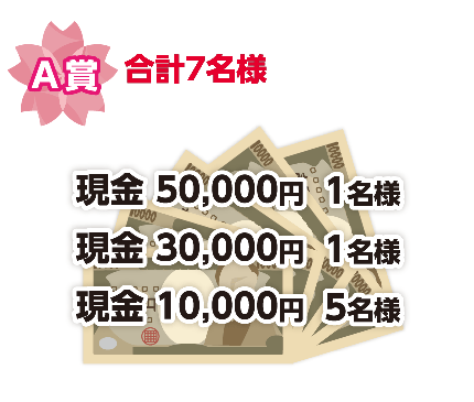 A賞 合計7名様 現金50,000円1名様/現金30,000円1名様/現金10,000円5名様