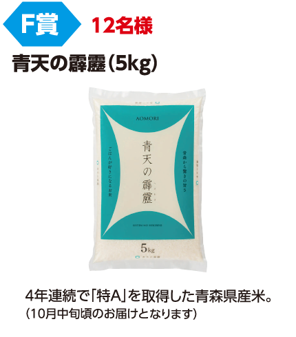 F賞 12名様「晴天の霹靂霹靂(5kg)」4年連続で「特A」を取得した青森県産米。(10月中旬頃のお届けとなります)