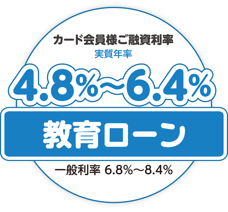 【教育ローン】カード会員様ご融資利率4.8%〜6.4%(一般利率6.8%〜8.4%)