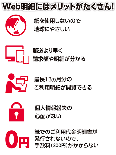 Web明細にはメリットがたくさん！紙を使用しないので地球にやさしい・郵送より早く請求額や明細が分かる・ご利用明細発生のつど「スター★ポイント20P」がもらえる（2021年6月終了予定）・最長13ヵ月分のご利用明細が閲覧できる・個人情報紛失の心配がない・紙でのご利用代金明細書が発行されないので手数料（100円）がかからない