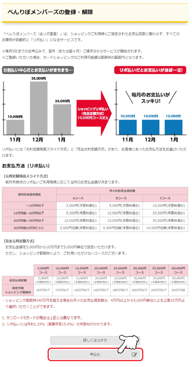 利利用条件等をよく読んだうえ、「申込む」をクリックします。