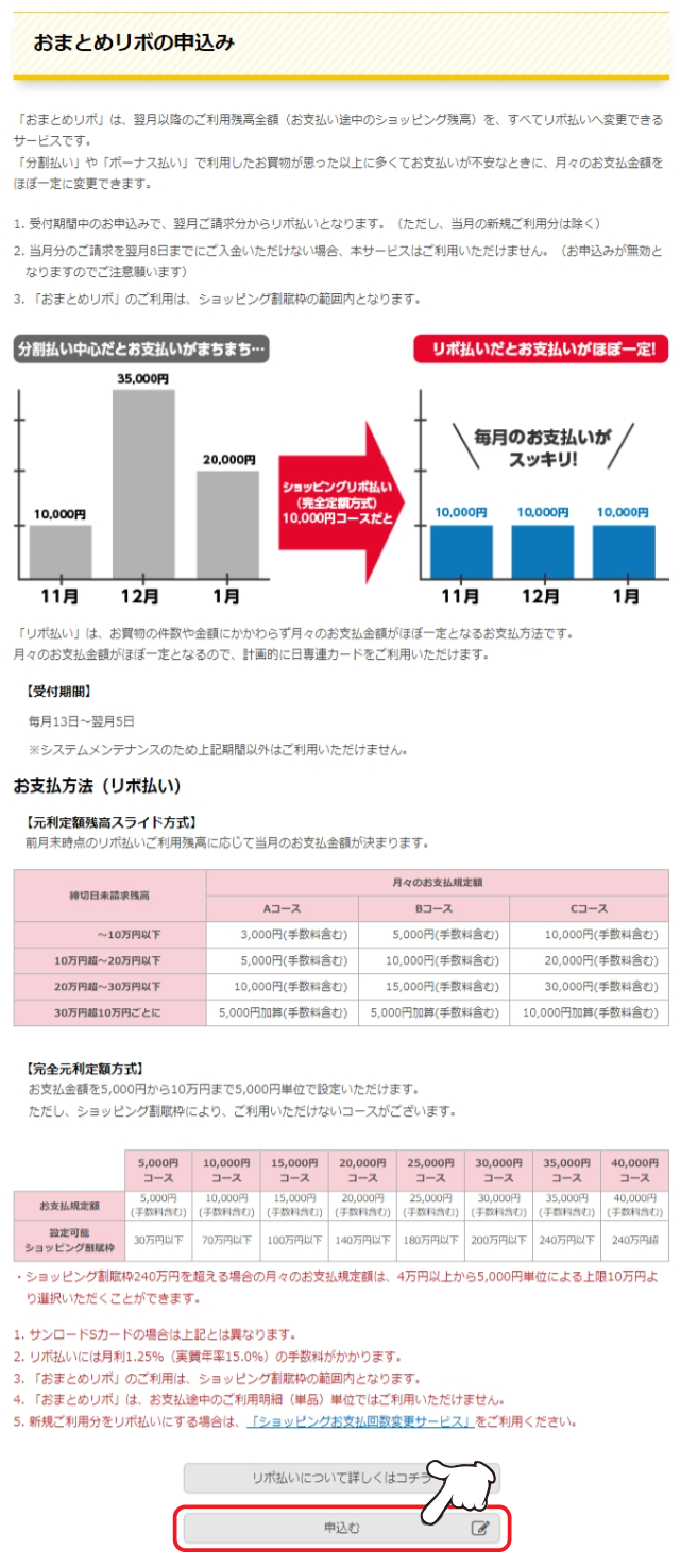 利用条件等をよく読んだうえ、「おまとめリボを申込む」をクリックします。