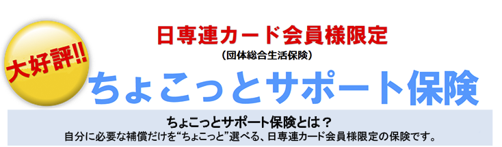 「日専連カード会員様限定（団体総合生活保険）ちょこっとサポート保険」ちょこっとサポート保険とは、自分に必要な補償だけを、安価な保険料でちょこっと選べる、日専連カード会員様限定の保険です。